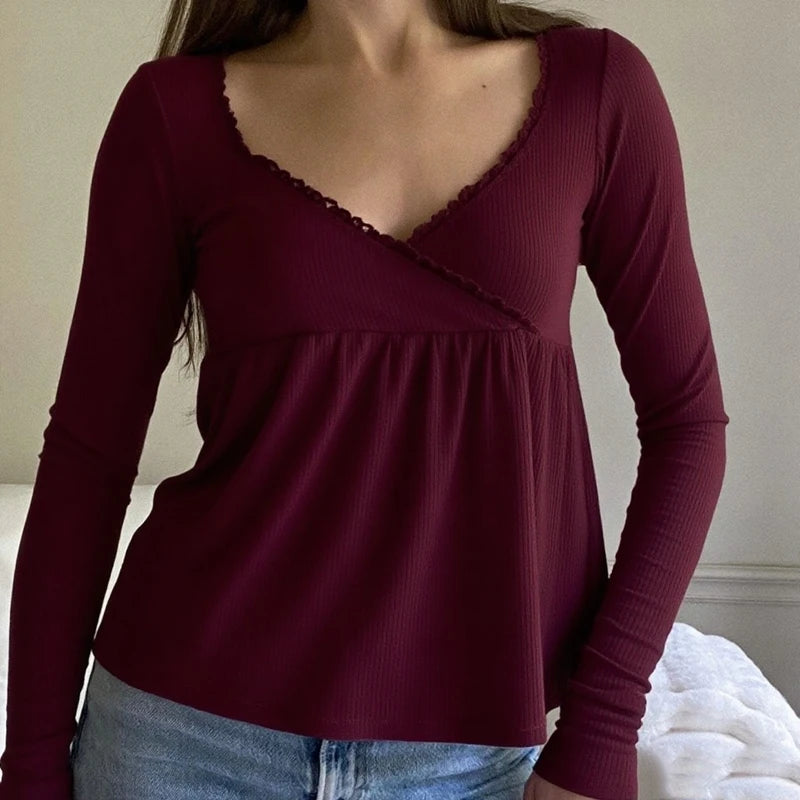 Frauen Fee Y2k Cottage T-shirt Kokette V-ausschnitt Langarm Babydoll Tees Herbst Frühling Casual Pullover Tops Vintage Kleidung So ist Leben