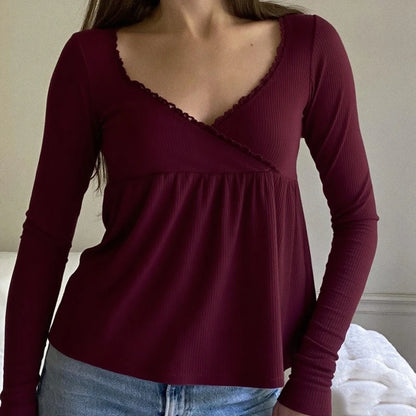 Frauen Fee Y2k Cottage T-shirt Kokette V-ausschnitt Langarm Babydoll Tees Herbst Frühling Casual Pullover Tops Vintage Kleidung So ist Leben