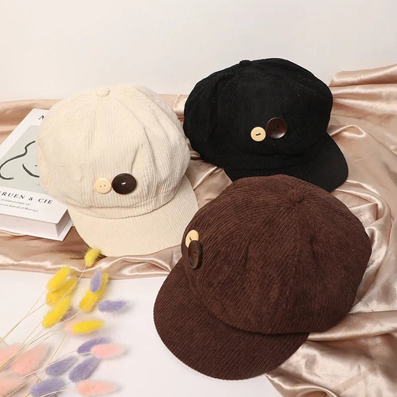 RICYGVM Retro Knopf Cord Achteckige Kappe Für Frauen Maler Künstler Hut Japanische Mädchen Braun Schirmmützen Herbst Winter Berets So ist Leben