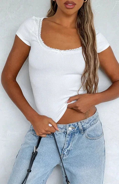 2024 Neues Damen-Temuslim-Fit-T-Shirt, lässig, Y2K, kurze Ärmel, Polyesterfaser, quadratischer Kragen, einfarbig, Blumenrand, Frühling/Sommer So ist Leben