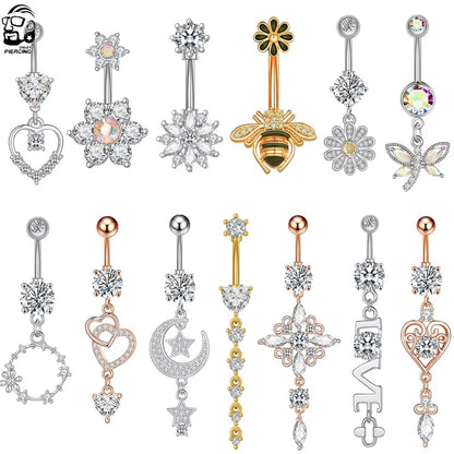 Dainsty baumelnde Bauchnabelringe Chirurgenstahl 14G Bar Nabelpiercing Ring Kristall CZ Biene Blume Herz Bauchring Ohrschmuck So ist Leben