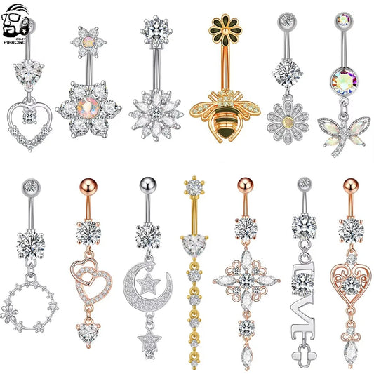 Dainsty baumelnde Bauchnabelringe Chirurgenstahl 14G Bar Nabelpiercing Ring Kristall CZ Biene Blume Herz Bauchring Ohrschmuck So ist Leben