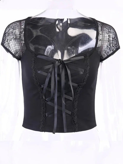 Vintage Tops Goth T-shirt Women Bodycon Bandage Lace Black T-shirts Gothic Streetwear Sexy Female Top Casual Mesh Tee - So ist Leben