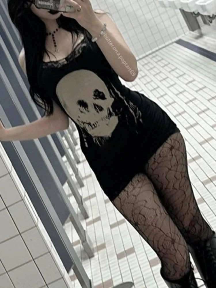2024 neue Retro Punk Gothic Kleid Frauen Streetwear Harajuku Schädel gedruckt ärmellose hohe Taille Bodycon Kleid Grunge Rave Outfits So ist Leben