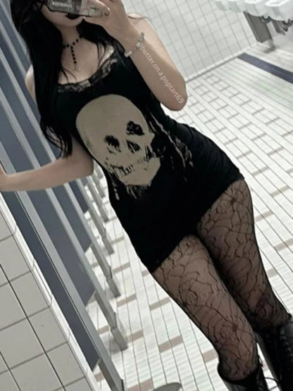 2024 neue Retro Punk Gothic Kleid Frauen Streetwear Harajuku Schädel gedruckt ärmellose hohe Taille Bodycon Kleid Grunge Rave Outfits So ist Leben