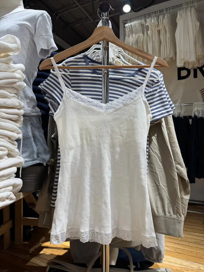 Geripptes Spitzenbesatz Slim Tank Top Damen Sommer Einfarbig Niedliches V-Ausschnitt Baumwoll-Camisole Weibliches Lässiges Einfaches Allround-Basic-Top Y2k Oberteile So ist Leben
