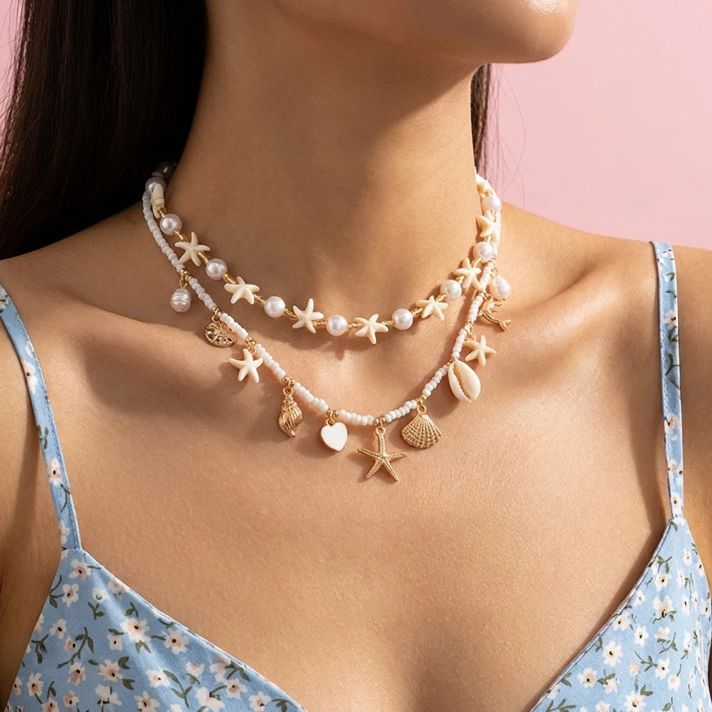 Boho Mehrschichtige Muschel-Seestern-Anhänger-Halskette für Frauen Handgefertigte Perlen-Imitationsperlen-Choker Strandparty-Schmuck Geschenk So ist Leben