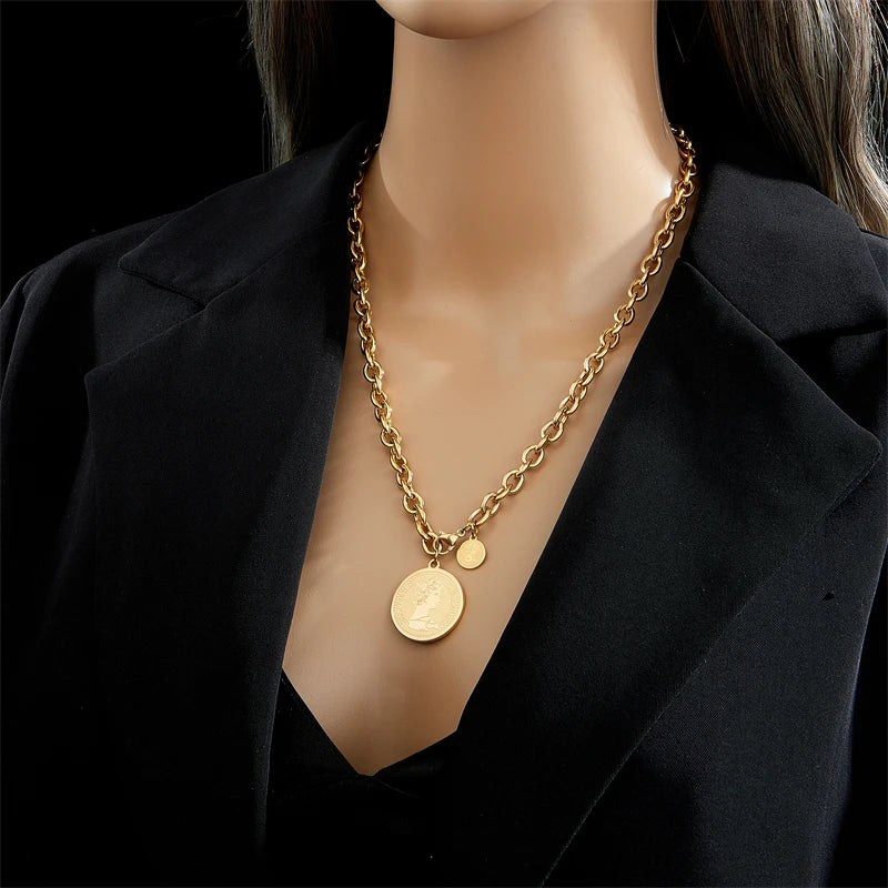 DIEYURO 316L Edelstahl Gold Farbe Hip Hop Runde Porträt Münze Halskette Für Frauen Männer Mode Trend Mädchen Schmuck Geschenk Joyas So ist Leben