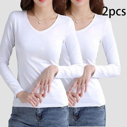 2 stücke Frauen Herbst Dünne Lange-ärmeln T-shirt Dame Thermische Unterwäsche Slim Fit Mode Neue Stil V-ausschnitt Top Schwarz weiß S-5XL So ist Leben