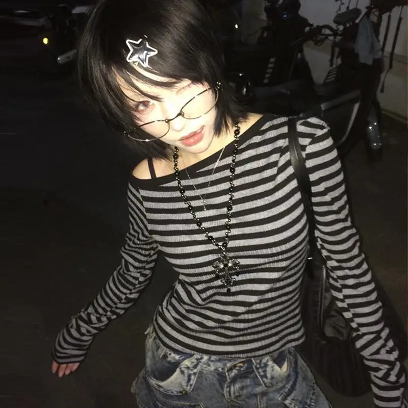 Genayooa Japanisches Y2k-T-Shirt für Damen, langärmelig, schulterfrei, gestreift, Crop-Tops, Y2k-Grunge, 2000er-Jahre, ästhetische Streetwear-T-Shirts So ist Leben