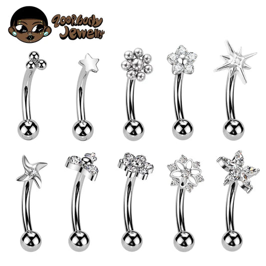 Großhandel ASTM F136 Titan Blumen Rook Piercing Sterne Augenbraue Intarsien CZ 16G Innengewinde Banane Gebogene Lippe Nabel Piercing So ist Leben