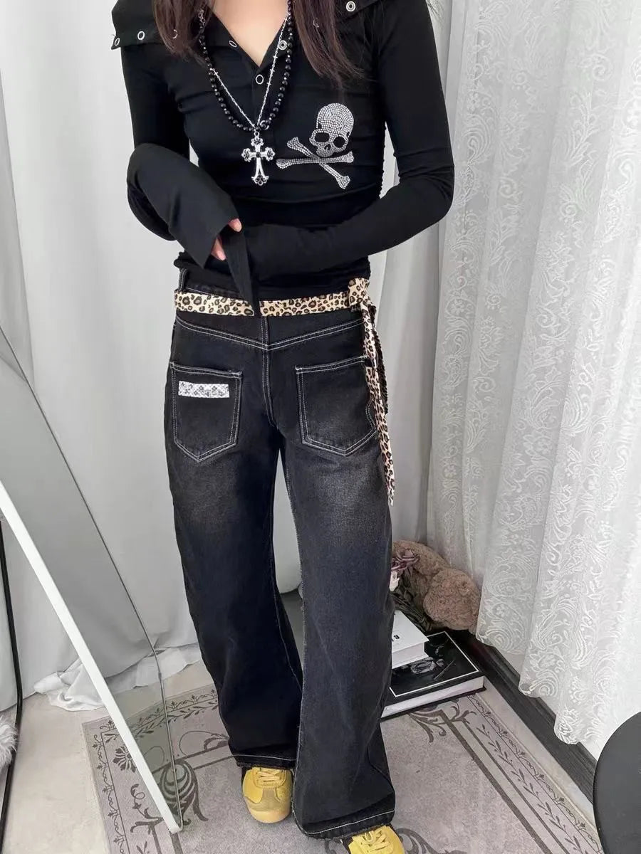 Streetwear Kleidung Hot Shoujo Girl Y2k T-Shirts Lange Ärmel Goth Grunge Skull Strass 2000er Jahre Gyaru Tees Top Damen Slim Blusen So ist Leben