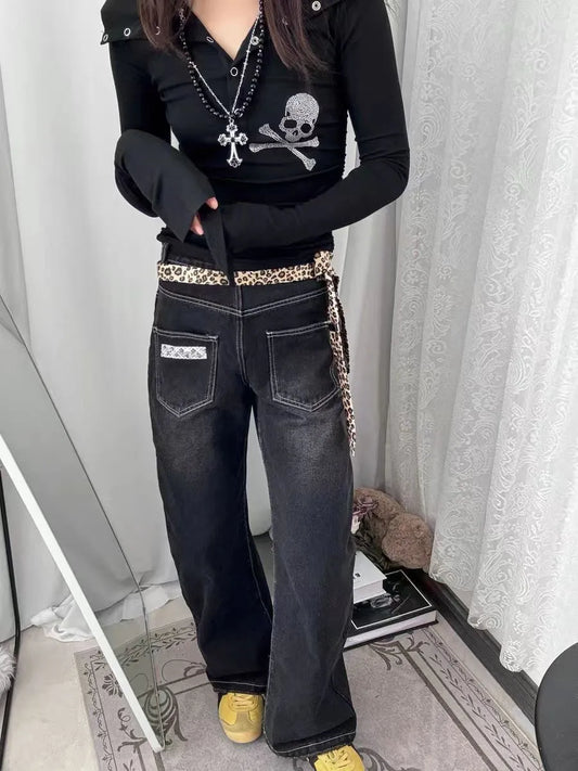 Streetwear Kleidung Hot Shoujo Girl Y2k T-Shirts Lange Ärmel Goth Grunge Skull Strass 2000er Jahre Gyaru Tees Top Damen Slim Blusen So ist Leben