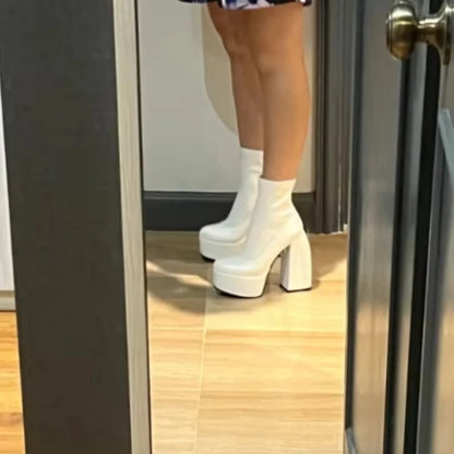 Damen Stiefeletten Mode Plateauschuhe Blockabsätze Damenstiefel Einfarbige Damen Pumps Sexy Lederstiefel Karree Botas So ist Leben