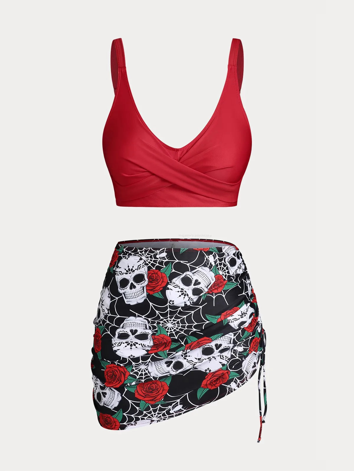 ROSEGAL Plus Size Damen Plus Size & Curve Skull Rose Print Crossover Dreiteilige Bikini-Badeanzüge So ist Leben