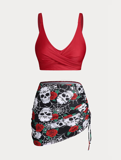 ROSEGAL Plus Size Damen Plus Size & Curve Skull Rose Print Crossover Dreiteilige Bikini-Badeanzüge So ist Leben