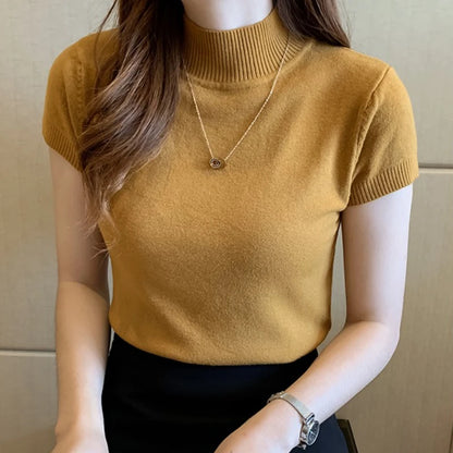 2025, mode Frau Pullover Kurzarm Herbst Tops Frauen Rollkragen Gestrickte Pullover Koreanischen Stil Elegante Feste Dünne Tops So ist Leben