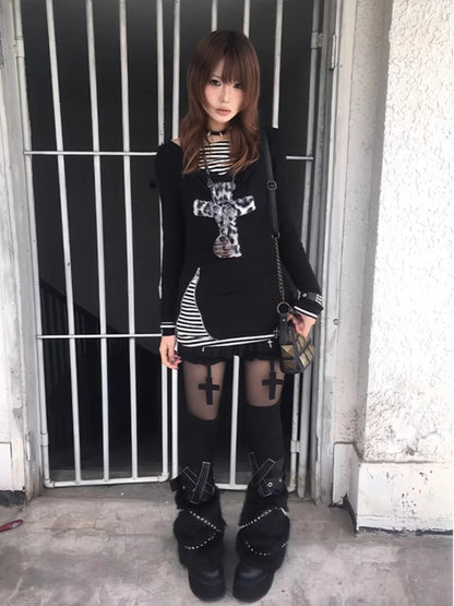 Geneyooa Gothic Vintage Damen T-Shirt Patchwork Fake Two Pieces Tops Streetwear Y2k Japanische T-Shirts 2000er Jahre Ästhetische T-Shirts So ist Leben