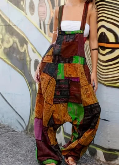 2024 Damen neuer Hip-Hop-Overall, heißer Stil, Hippie-Nähte, ethnischer Druck, ärmellos, lockere Haremtasche, Overalls, Grün So ist Leben