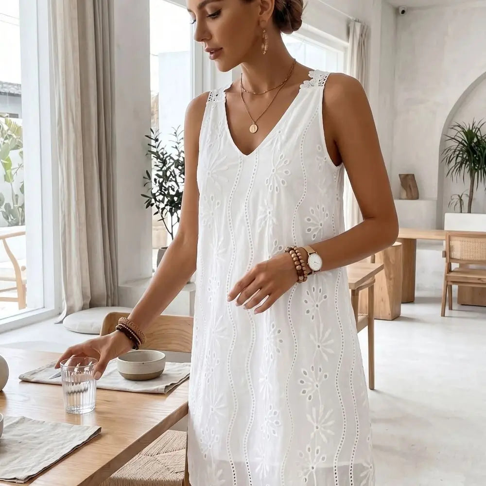 Strandkleid mit Stickerei, V-Ausschnitt und Spitze, Rückenausschnitt, Locker Geschnittener Sommer-Freizeitrock, A-Linie, Ärmellos, Midikleid für Strandurlaub So ist Leben