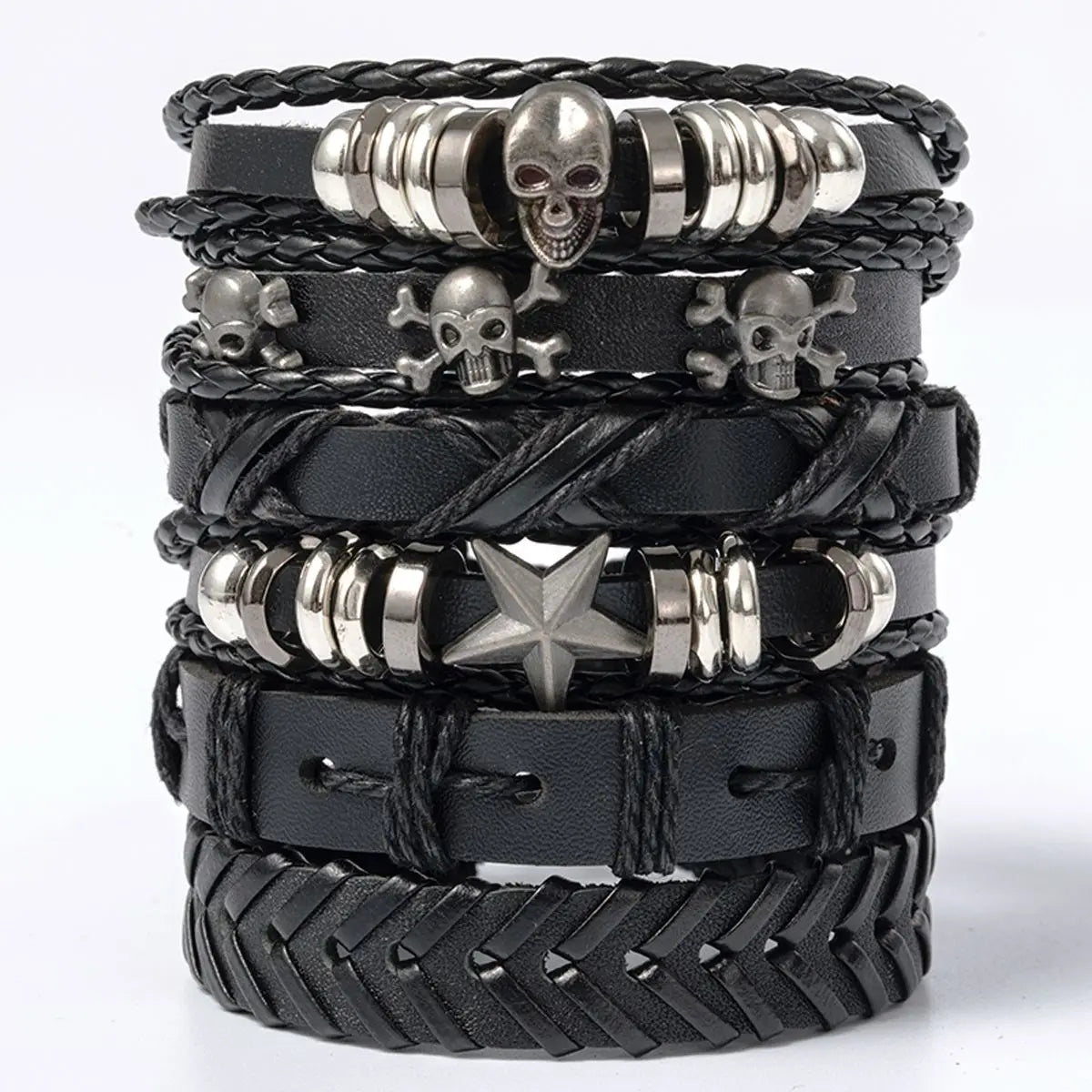 6 Stück/Set schwarzes Punk-Armband mit Totenkopf- und Sternform aus Legierung und Pu-Leder So ist Leben