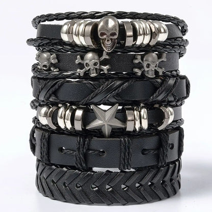6 Stück/Set schwarzes Punk-Armband mit Totenkopf- und Sternform aus Legierung und Pu-Leder So ist Leben