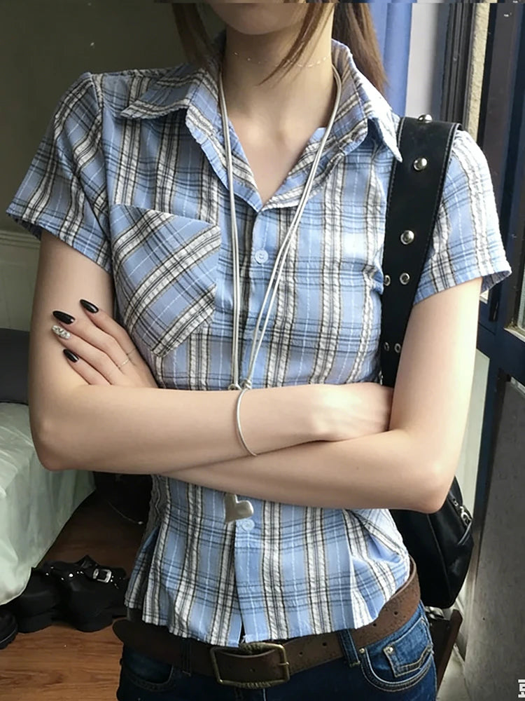 Genayooa Y2k Vintage-Shirt für Damen, kurzärmelig, karierte Bluse und Hemd, japanische 2000er-Jahre-T-Shirt-Tops, Streetwear, amerikanische Retro-Shirts So ist Leben