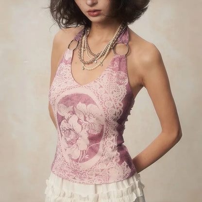 Karrcat japanische y2k Neck holder Tops Grunge Ästhetik lila Tank Top Vintage Harajuku Blumen druck Leibchen rücken frei 2000s Retro - So ist Leben