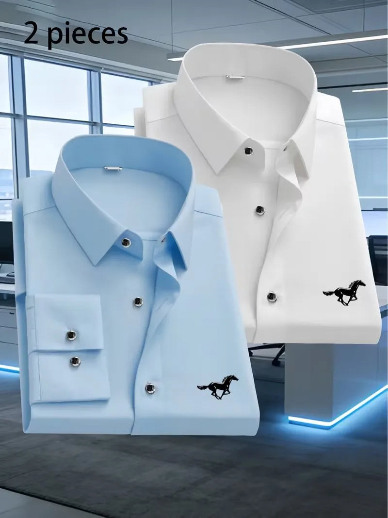 2 Stück Herren Business Casual Langarmhemden mit schwarzem Pferdemuster, Premium Business Casual Hemd, Slim Fit, Langarm, 5 Farben So ist Leben
