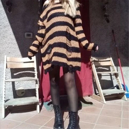 Goth Punk Gothic Pullover Übergroße Pullover Frauen Gestreiften Cool Aushöhlen Loch Gebrochen Jumper Harajuku Ästhetik Pullover So ist Leben