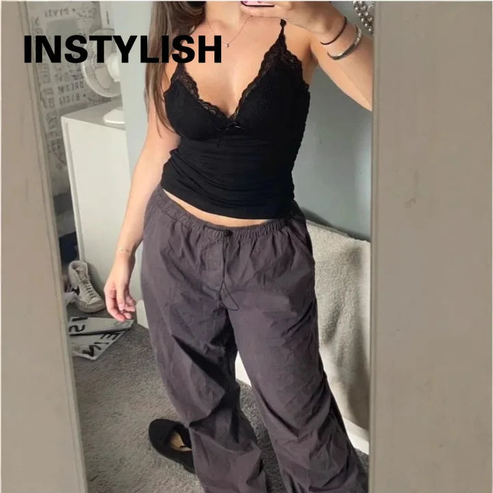 Damen Y2K Spitzen-V-Ausschnitt Spaghetti-Träger Camisole Top Slim Fit Schleife Ärmelloses Tanktop Sommer Sexy Streetwear Lässige Ausgehweste So ist Leben