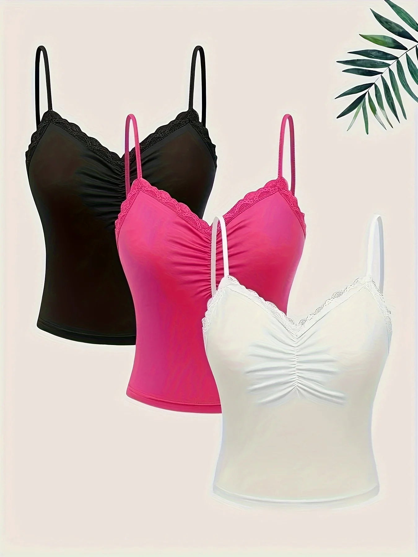 3-teiliges Damen-Set: Elegantes Cami-Top mit Spitzenbesatz, V-Ausschnitt, geraffter Vorderseite, Spaghettiträgern, schmal geschnitten, einfarbig, weich, dehnbar, Basic-Camisole So ist Leben