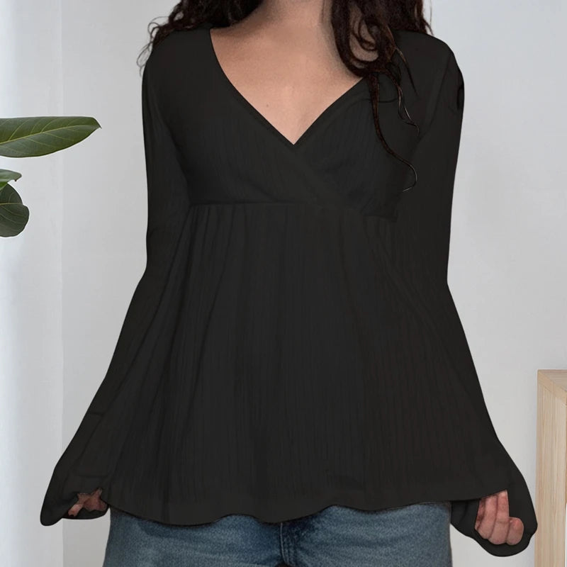 Frauen Fee Y2k Cottage T-shirt Kokette V-ausschnitt Langarm Babydoll Tees Herbst Frühling Casual Pullover Tops Vintage Kleidung So ist Leben