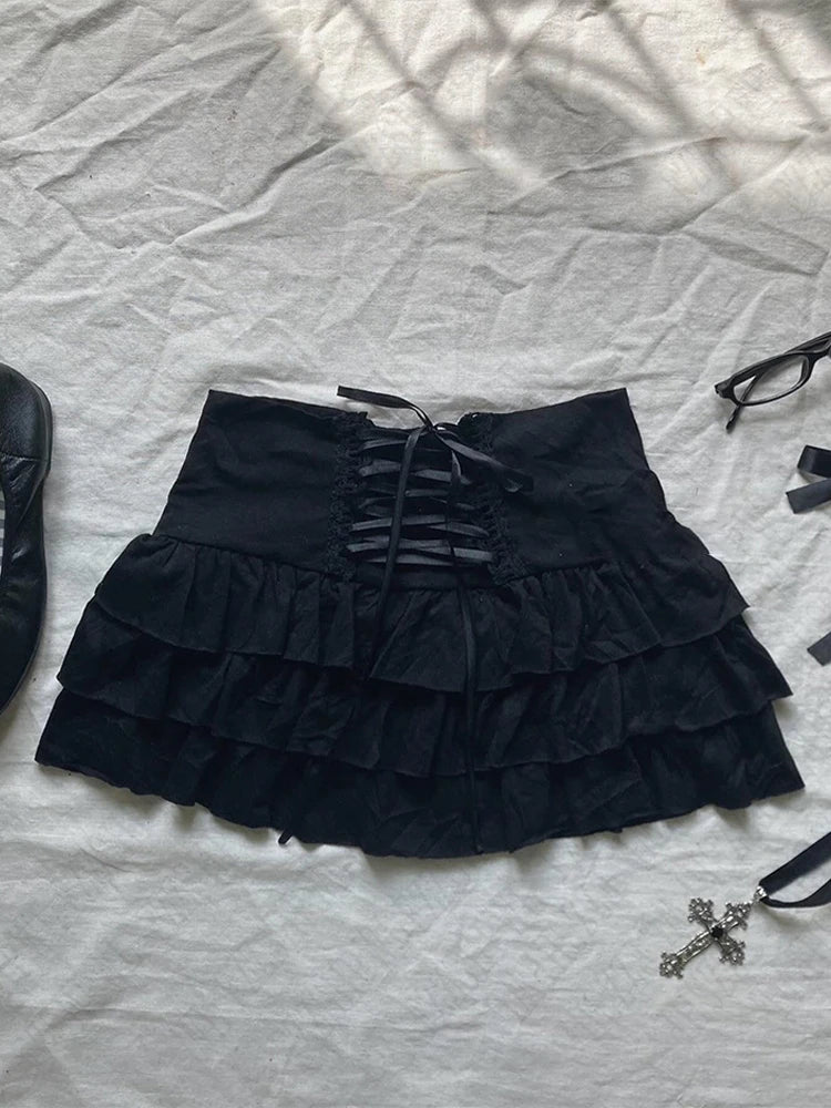 Kawaii Damen Miniröcke Einfarbig Y2k Punk Sexy Slim Streetwear Bogen Faltenrock Emo Mädchen Gothic Damen Kleidung Vintage So ist Leben