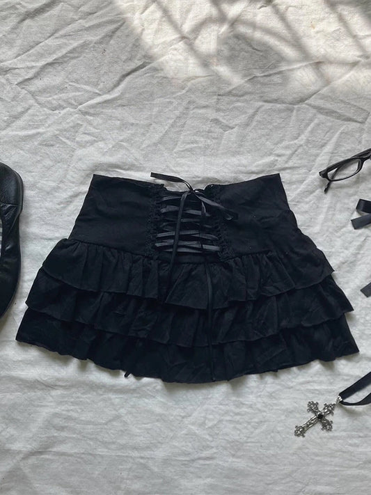 Kawaii Damen Miniröcke Einfarbig Y2k Punk Sexy Slim Streetwear Bogen Faltenrock Emo Mädchen Gothic Damen Kleidung Vintage So ist Leben