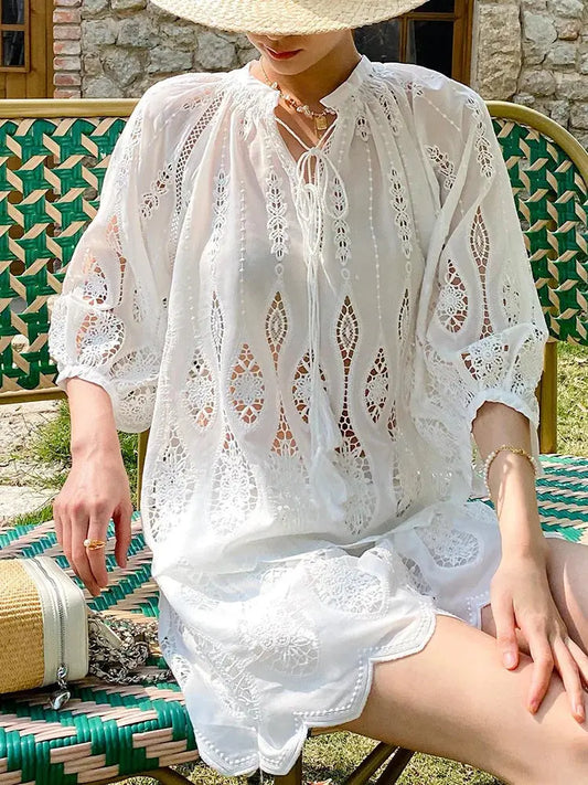 Stickerei Sommer Lose Frauen Bluse Blau Weiß Tops - So ist Leben