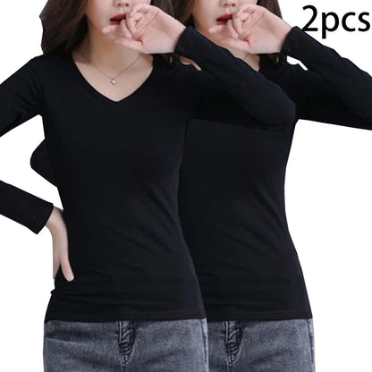 2 stücke Frauen Herbst Dünne Lange-ärmeln T-shirt Dame Thermische Unterwäsche Slim Fit Mode Neue Stil V-ausschnitt Top Schwarz weiß S-5XL So ist Leben