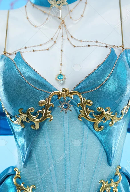 MOBBUNNY Damen Bloom Derivative Sexy Dessous-Kleid, tief ausgeschnitten, unregelmäßiges blaues Kleid mit Ärmeln, Halsband, Cosplay-Kostüm So ist Leben