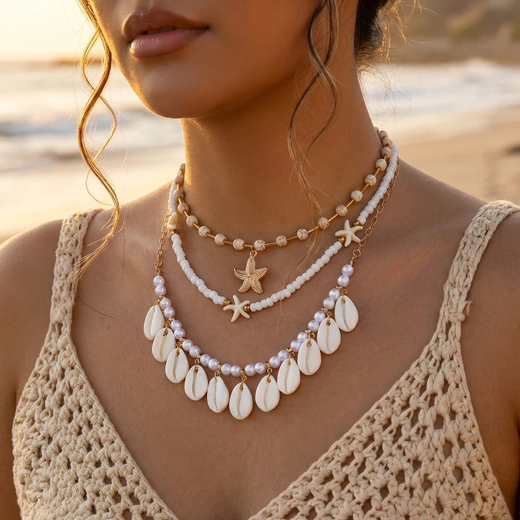 Böhmische Vintage Muschel Seestern Schildkröte Mehrschichtige Halskette für Frauen Ethnische Handgemachte Blaue Perlenketten Sommer Strand Schmuck So ist Leben