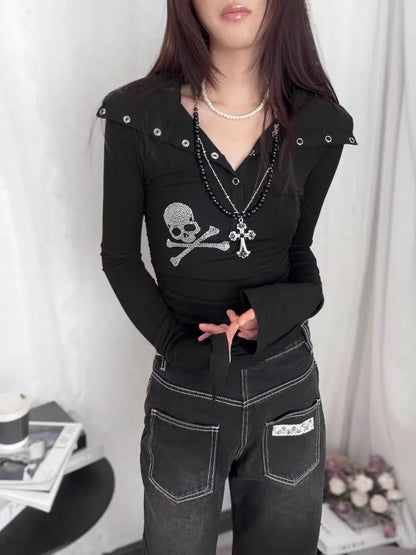 Streetwear Kleidung Hot Shoujo Girl Y2k T-Shirts Lange Ärmel Goth Grunge Skull Strass 2000er Jahre Gyaru Tees Top Damen Slim Blusen So ist Leben