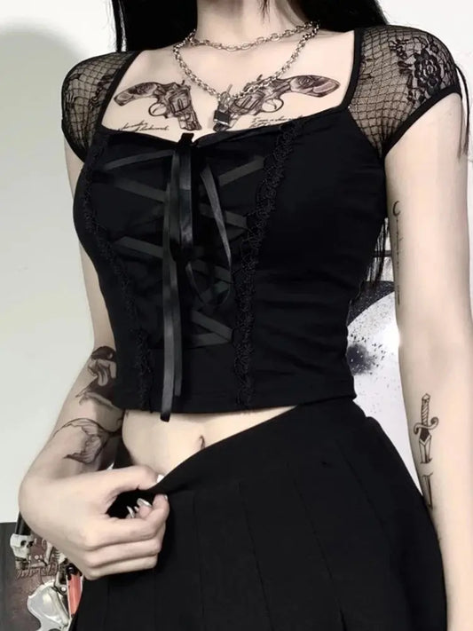 Vintage Tops Goth T-shirt Women Bodycon Bandage Lace Black T-shirts Gothic Streetwear Sexy Female Top Casual Mesh Tee - So ist Leben