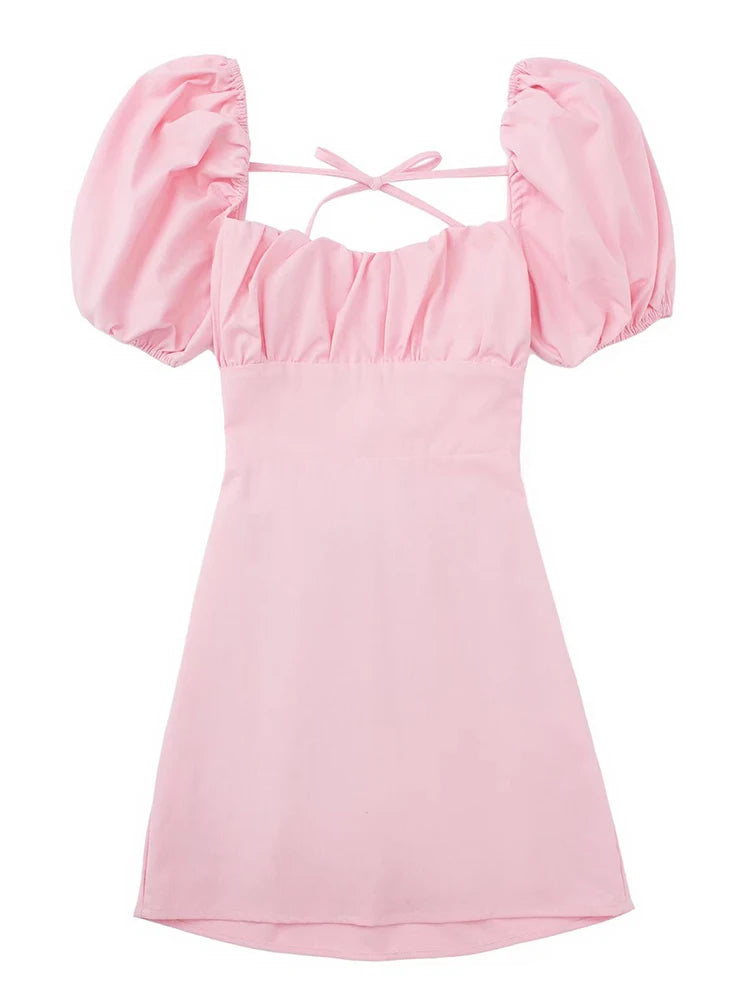 Frauen weiße Mode Leinen mischung Kleid weibliche quadratische Hals kurze Puff ärmel rücken freie Crossover-Träger Kleid für Frauen So ist Leben