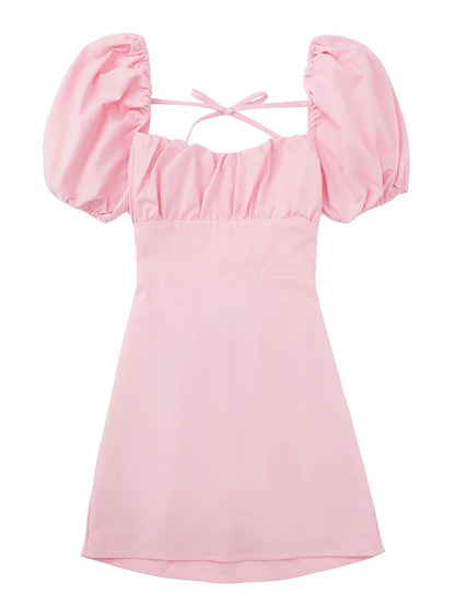 Frauen weiße Mode Leinen mischung Kleid weibliche quadratische Hals kurze Puff ärmel rücken freie Crossover-Träger Kleid für Frauen So ist Leben