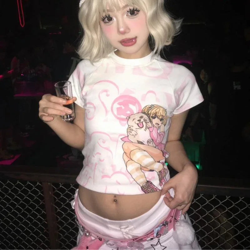 Y2K T‑Shirt mit Cartoonprint im japanischen Stil - So ist Leben