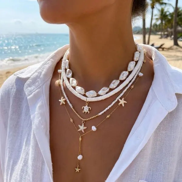 Boho Mehrschichtige Muschel-Seestern-Anhänger-Halskette für Frauen Handgefertigte Perlen-Imitationsperlen-Choker Strandparty-Schmuck Geschenk So ist Leben