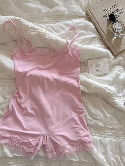 Spitze Trim Schlank Playsuits Frau Hohe Elastizität Verstellbaren Riemen Dünne Body Solide Mode Streetwear Glatte einteiliges Tops So ist Leben