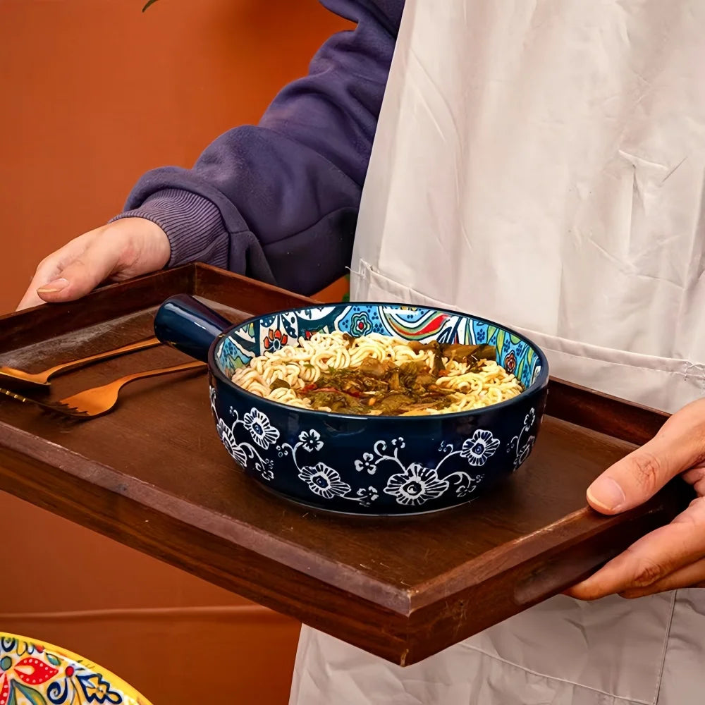 Handbemalte, gemusterte, gemusterte Salatschüssel aus böhmischer Keramik mit Griff, Küchen-Backgeschirr, mikrowellen- und ofenfest, 1 Stück So ist Leben