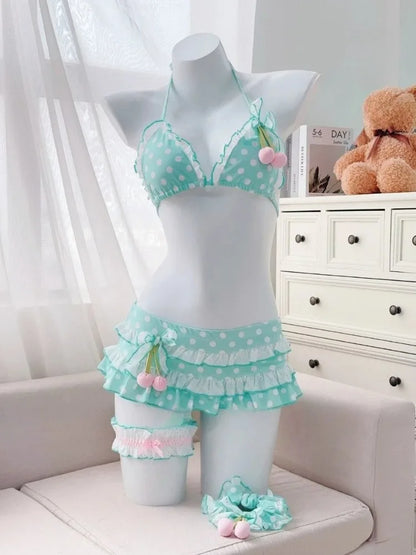 Kawaii Polka Dot Bikini-Set mit Neckholder-Trägern, zweiteiliger Badeanzug für Damen, süßer Stil, Strandparty-Badeanzug So ist Leben