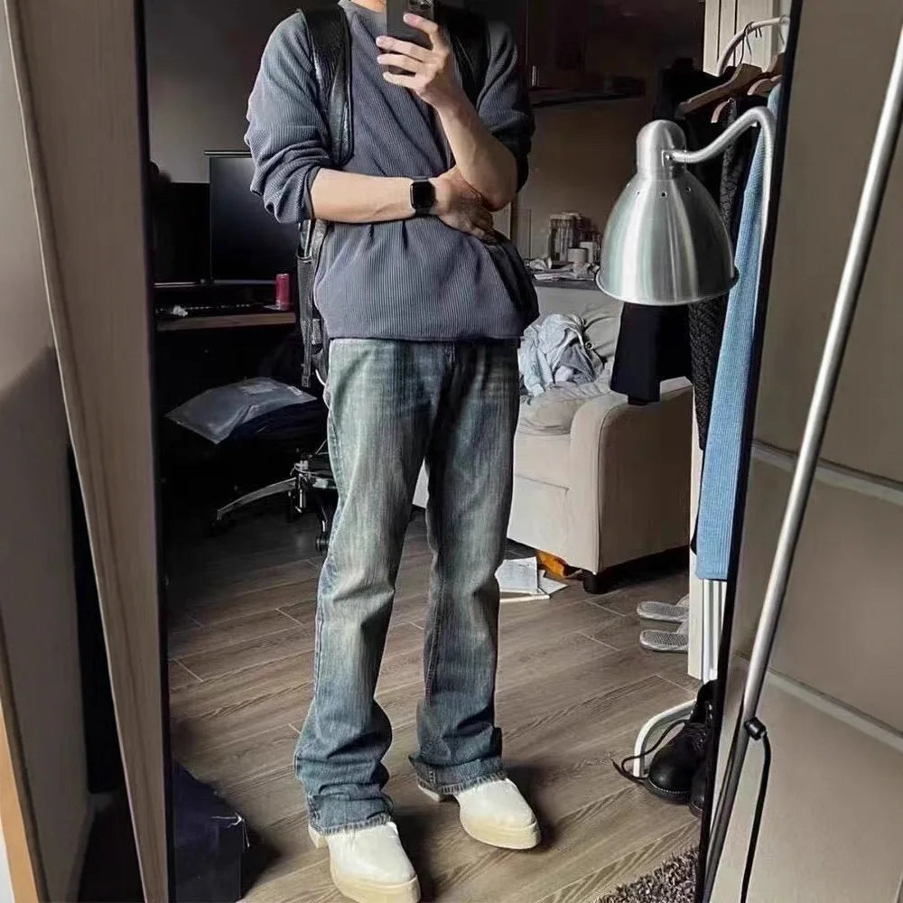 Paris Haute Couture Week Bootcut Jeans aus Bambus-Baumwolle mit verwaschenem Schlamm-Färbeeffekt und Micro-Flare-Schnitt im amerikanischen High-Street-Retro-Stil So ist Leben