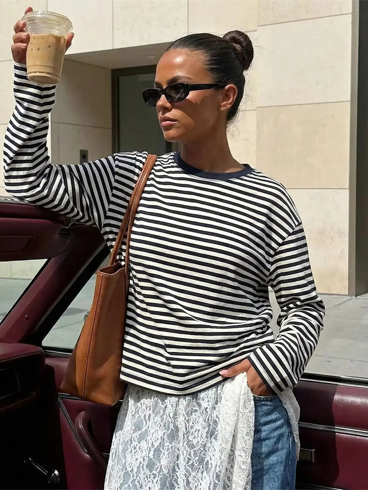 Frauen Langarm Shirts Rundhals Lose Sweatshirts Damen Herbst Casual Gestreiften Top Streetwear So ist Leben